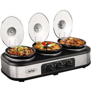 Sunvivi Slow Cooker, Triple Slow Cooker Buffet Server and Food Warmer, 3-Section 1.5-Quart Upgraded Oval Ceramic Pot with Stainless Steel Lid Rests, 3 Spoons, Total 4.5 QT (Black/Silver)