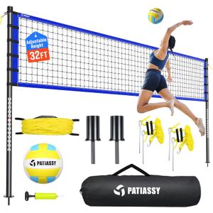 Outdoor Volleyball Net Set for Backyard & Beach, 32FT Regulation Size, Easy Setup Adjustable Height Poles, Portable Net System with PU Volleyball, Pump & Carry Bag