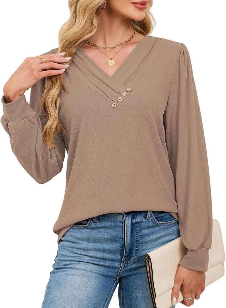 Women's Long Sleeve Tunic Tops Casual V Neck Shirts for Leggings Fall Button Pullover Blouse Dressy Sweatshirt (Medium, Khaki)