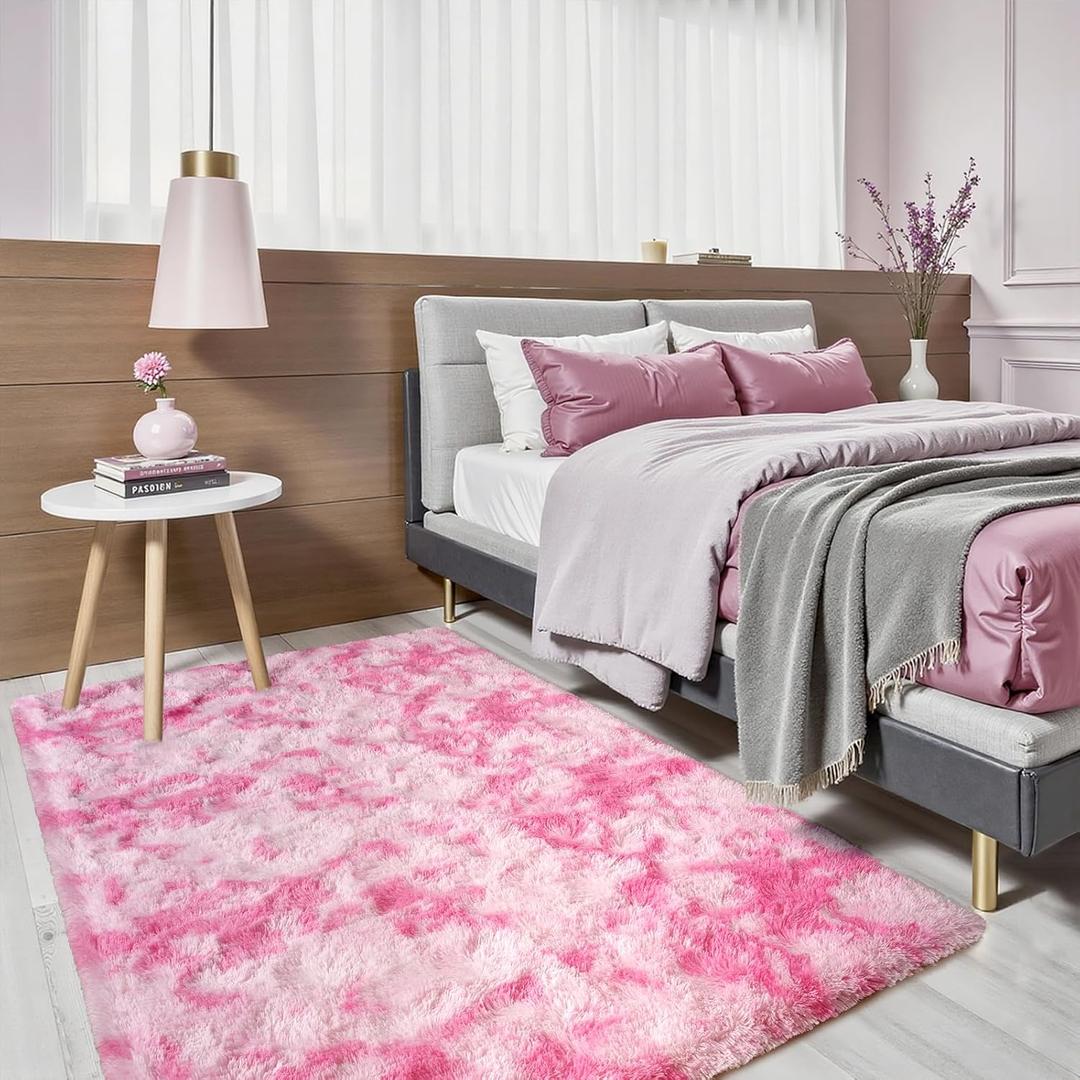 Terrug Fluffy Area Rug for Bedroom, Tie-Dyed Pink 3x5 Ft Throw Rug for Living Room Kids Room, Ultra-Soft Plush Washable Carpet with Non-Slip Rubber Backing, Cozy Floor Decoration