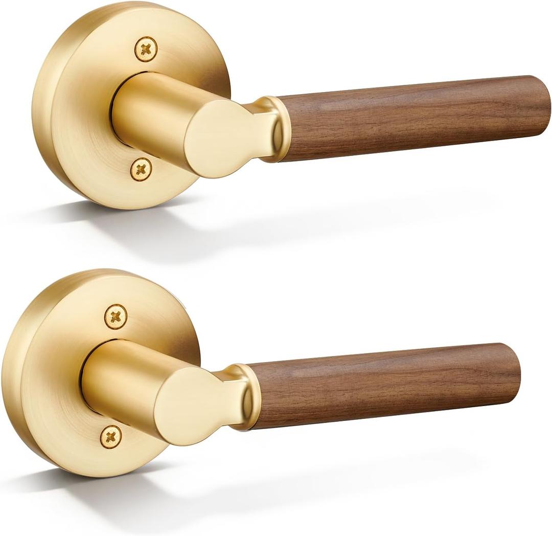 Walnut Wood Dummy Lever Interior Door Handle Decorative for Hall Closets French Doors Round Non-Turning Single Side Push Pull Only Reversible Door Knobs Set (2 Pack, Stain Brass, Dummy)
