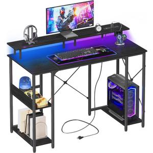 Somdot 39" Computer Desk with LED Lights & Power Outlet Storage Shelves