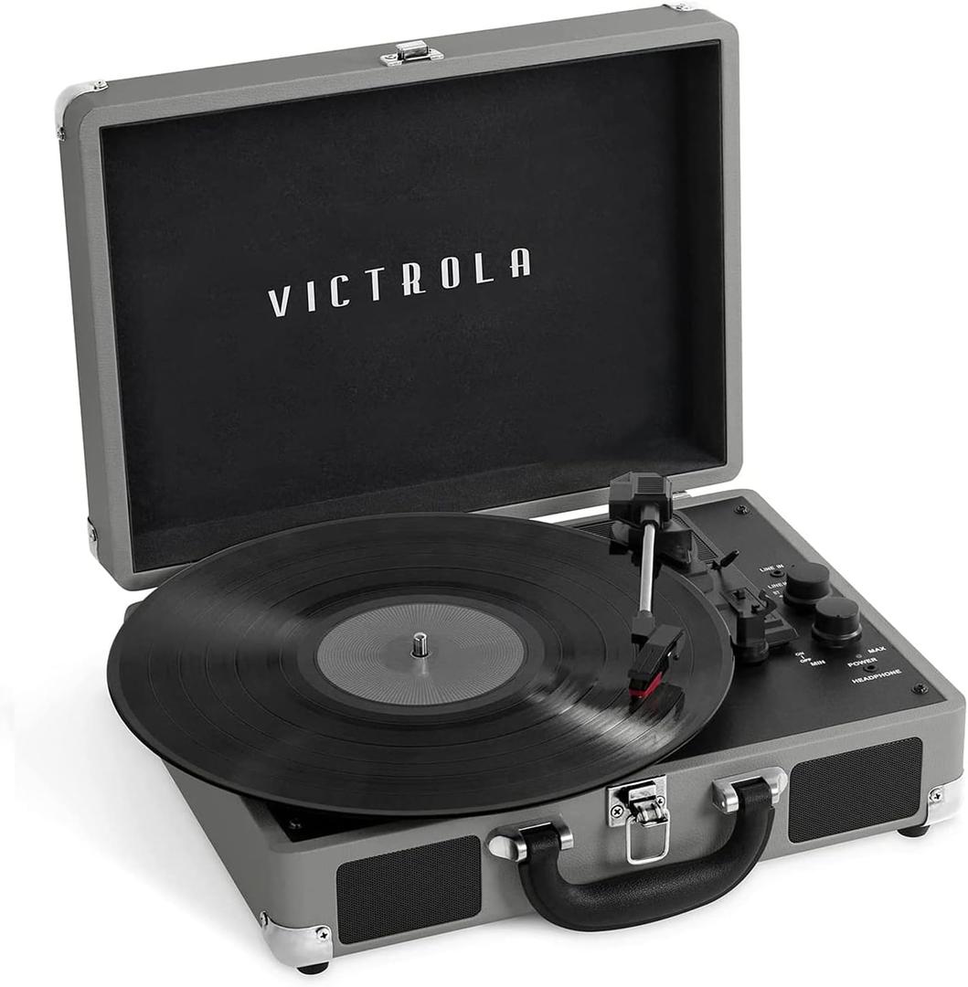 Victrola Journey Bluetooth Portable Suitcase Record Player with Built-in Speakers, 3 Speed Vinyl Record Player, RCA Out, Headphone Jack, New Gray