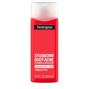 Neutrogena Salicylic Acid & PHA Stubborn Acne Body Wash, Exfoliating Cleanser Acne Treatment for Chest & Shoulder, Gently Clears, Exfoliates & Helps Prevent Breakouts, Fragrance Free, 8.5 Fl Oz