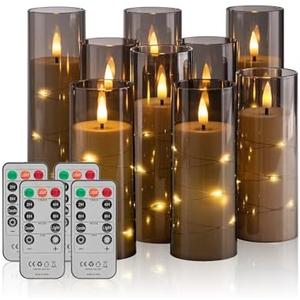Pandaing 18 Pack Flameless Battery Operated LED Candles with Remote and Timer, Flickering Candles with Embedded Star String for Romantic Ambiance and Home Decoration, Stable Acrylic Shell (Grey)