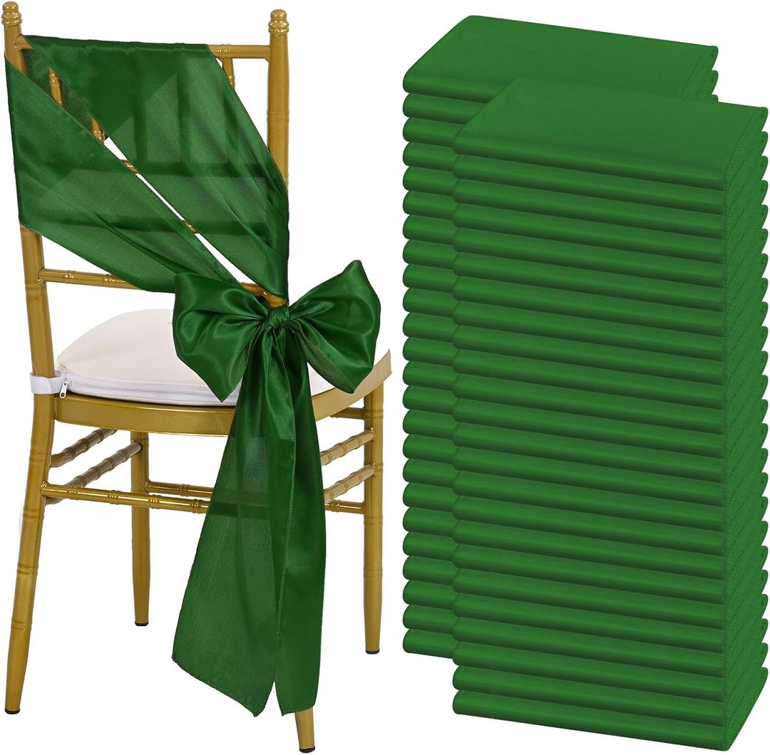 100 PCS Satin Chair Sashes Bows, Christmas Green Chair Ribbon Ties Back Sash Bow Chair Decorative for Wedding Birthday Banquet Party Hotel Event Chair Cover Decoration(7 x 108 Inch)