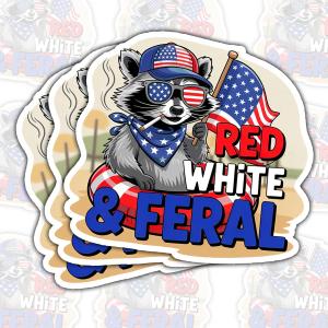 2 x (3 Pcs) Red White and Feral Raccoon 4th of July USA 1776 America Sticker Patriotic Vinyl Decal Waterproof for Laptop, Water Bottle, Tumbler, Car Gift for 4th of July Fans, USA Lovers 3 Inch