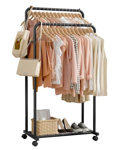 Sakugi Clothes Rack - Clothing Rack with Storage Mesh Shelf & Casters, Heavy-Duty Metal Clothing Rack for Hanging Clothes, Dresses, Coats, Large Load Capacity, Easy Assembly, Black, 28.0"x16.0"x59.0"
