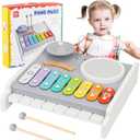 Kids Musical Instruments Piano Drum Set - 5 in 1 Montessori Toys for Toddler Baby, Wooden Music Kit with Piano Keyboard Xylophone, Preschool Educational Sensory Toys, Gifts for Boys Girls 1-8