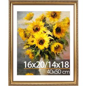 JCJMY 16x20 Vintage Picture Frame with 14x18 Mat for 40 x 50cm Diamond Art Painting, Elegant Retro 16 by 20 Photo Frame with Shatter-Resistant Plexiglass for Wall, Gallery Decor & Gift, Gold, 1 Pack