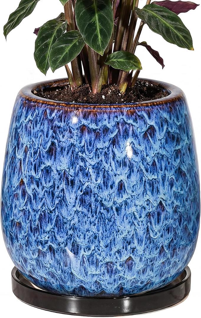 10.3 Inch Ceramic Glaze Plant Pot with Saucer, Flower Pots with Drainage Hole Mesh Net (Blue)
