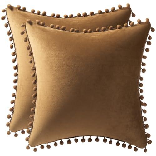 DEZENE Throw Pillow Cases 18x18 Golden Brown: 2 Pack Cozy Soft Pom-poms Velvet Square Decorative Pillow Covers for Farmhouse Home Decor