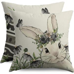 Spring Easter Pillow Covers 18X18 Set of 2, Bunny Rabbit Black Grey Floral Butterfly Egg Holiday Decorative Throw Pillowcases Vintage Seasonal Outdoor Farmhouse Cushion Cases Couch Sofa Bed Decor