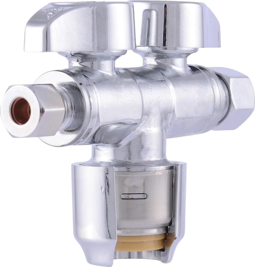 SharkBite Max Dual Shut Off Quarter-Turn Brass Ball Valve, 1/2 Inch Push to Connect x 3/8 Inch OD Compression x 1/4 Inch OD Compression, Chrome, URDS123814