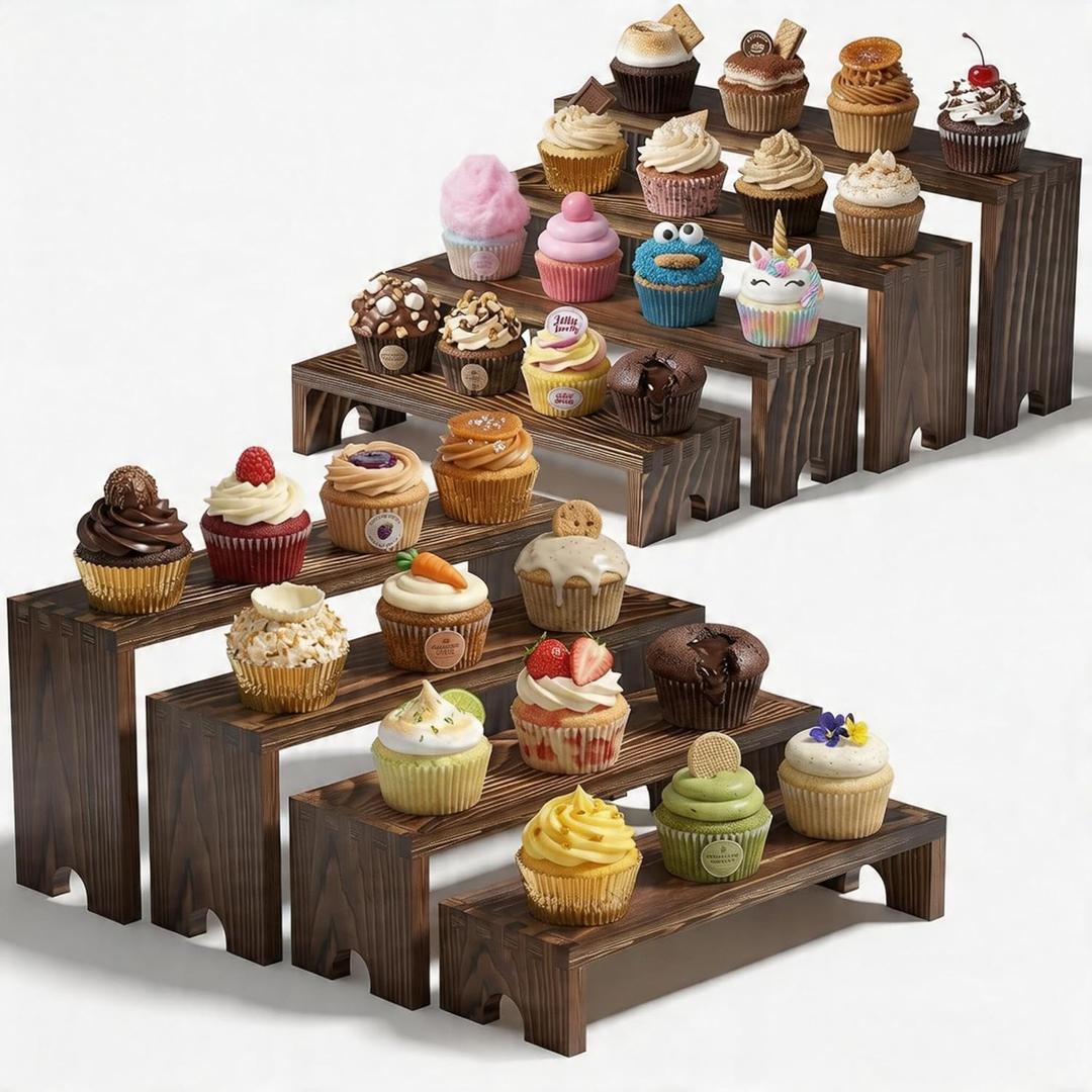2 Set Wooden Tiered Risers Display Stands for Vendor Events,Stackable Wooden Cupcake Display Stand,Farmhouse Decor Wood Dessert Table Display Set,Vendor Booth Display Items,Food Display Risers for Party（12-11.2-10.4-9.6IN）