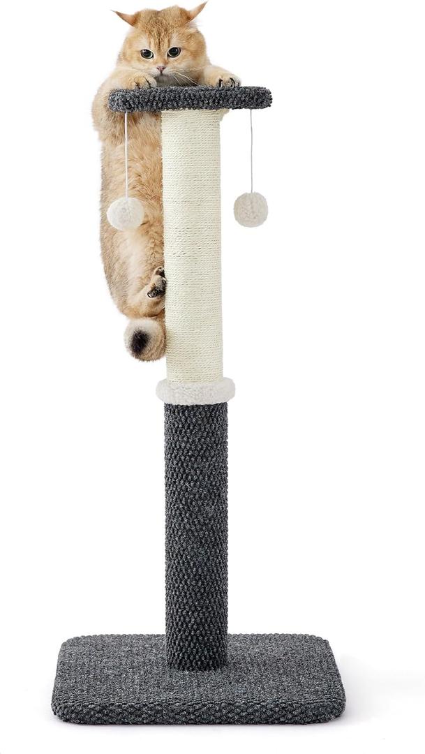 Lesure 34" Tall Cat Scratching Post - Highly Resistant Carpet Scratch Post, Premium Sisal Rope Scratch Posts Kitten and Adult Cats, Sturdy Large Scratch Pole with Hanging Ball, Grey (15.7x15.7x34, Charcoal Gray)