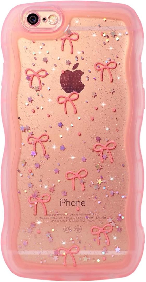 Qokey for iPhone 6S/6 Plus Case 5.5", Glitter Star & Curved Edge Handle Grip Design, Military-Grade Shockproof TPU Cover, Sparkle Protection Scratch-Resistant, Holographic Pink Bow