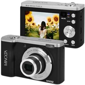 Minolta 56MP Dual Lens Digital Camera – 5X Optical Zoom, 5K Ultra HD Video, CMOS Sensor, 2.8-inch LCD Screen, Stabilization, Selfie Lens, 32GB Card, Rechargeable Battery (Black)