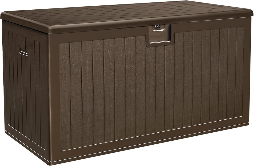 YITAHOME 100 Gallon Double-Wall Deck Box with Side Handles, Outdoor Large Storage for Patio Furniture Cushions, Garden Pool Accessories, Water Resistant & Lockable (Dark Brown)