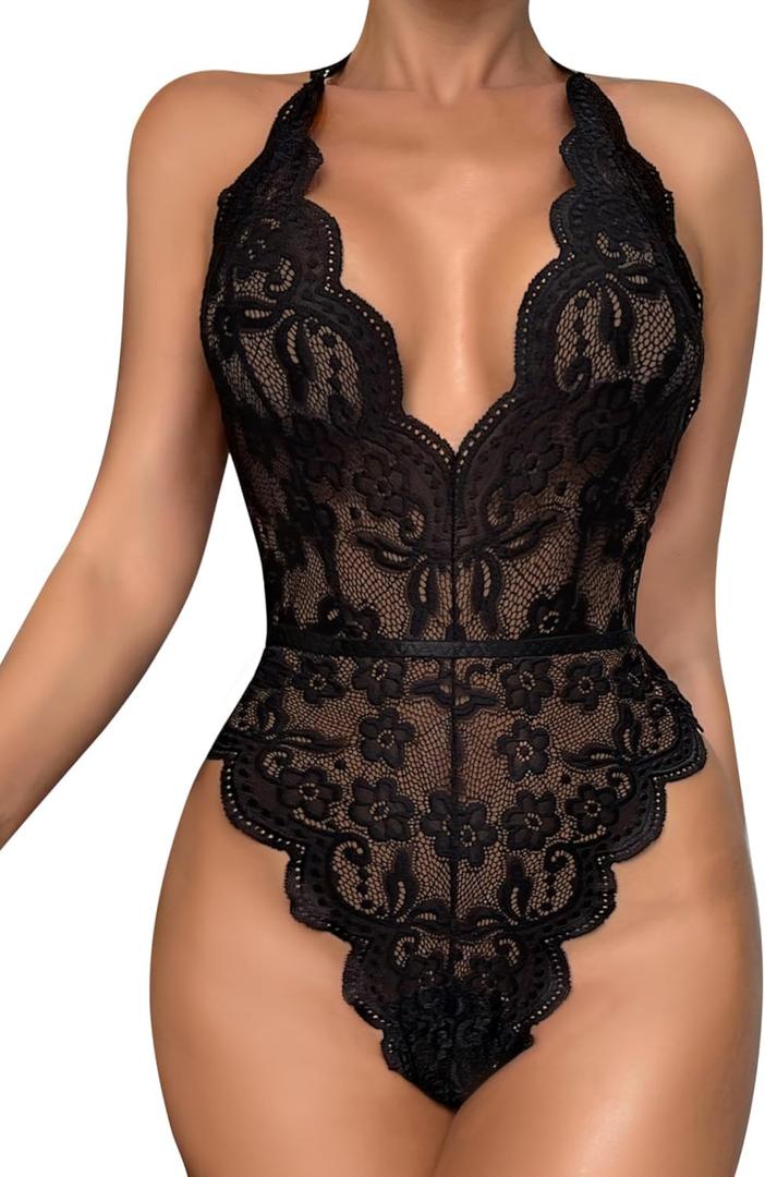 Dlsave Sexy Lingerie for Women,Deep V-Neck Lace Bodysuit Bridal Lingerie Backless One piece Teddy Body Suits Tops Wedding (Medium, Black)