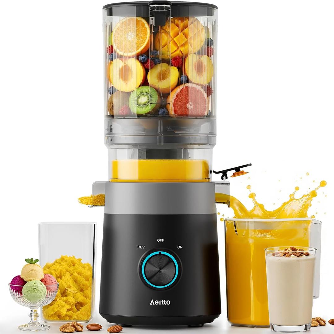 Aeitto 3-in-1 Cold Press Juicer for Juice, Nut Milk & Sorbet, 6.0" Wide Mouth Hopper with Large Capacity For Whole Fruit & Vegetable, Filter-Free Easy to Clean, Hands-Free Juicer Machines, with Pusher