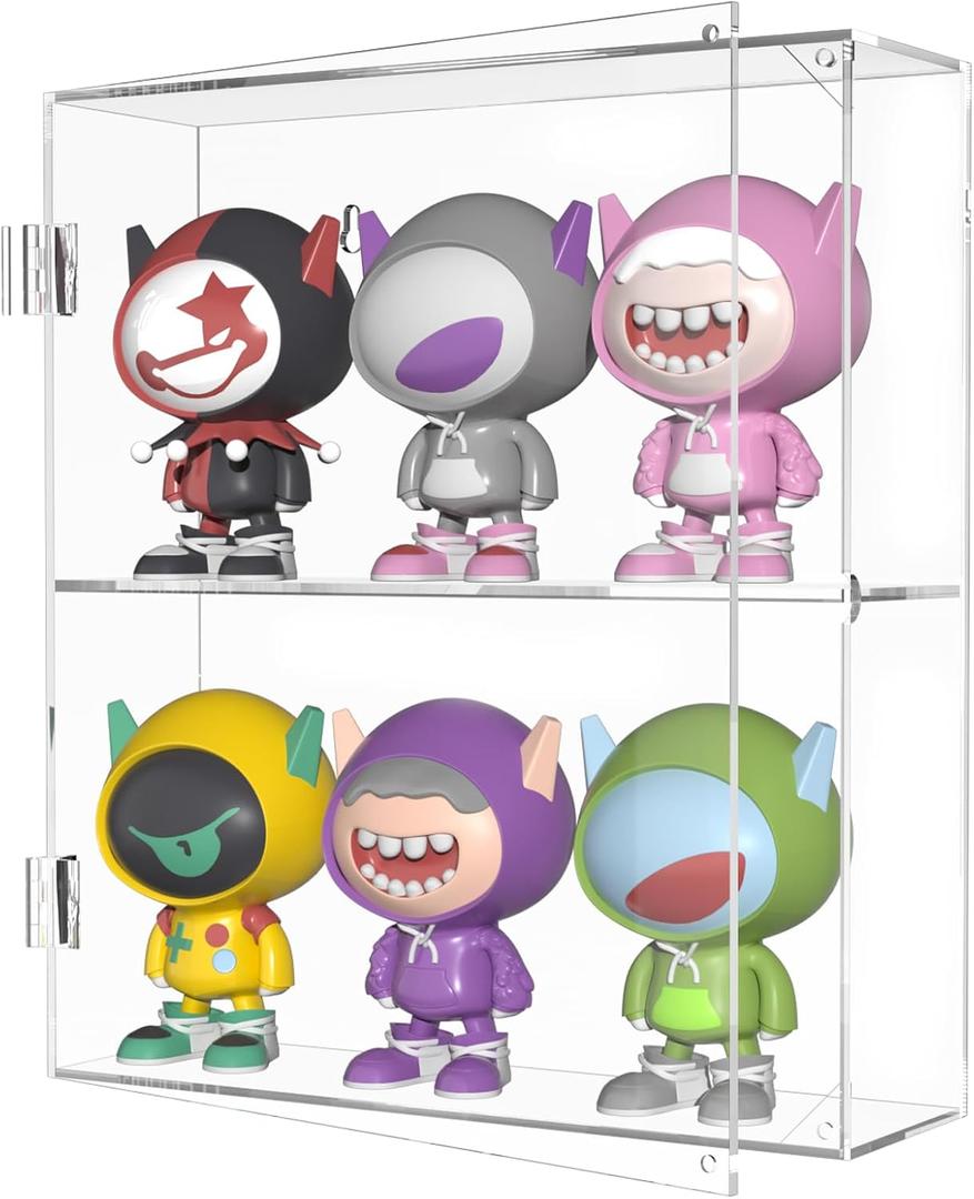 YUNEASELF Acrylic Display Case - 2 Layer Clear Display Case for Funko Pop Action Figures - Wall Mounted or Desktop Dustproof Display Cabinet Shelf for Labubus Collectibles Mini Toys