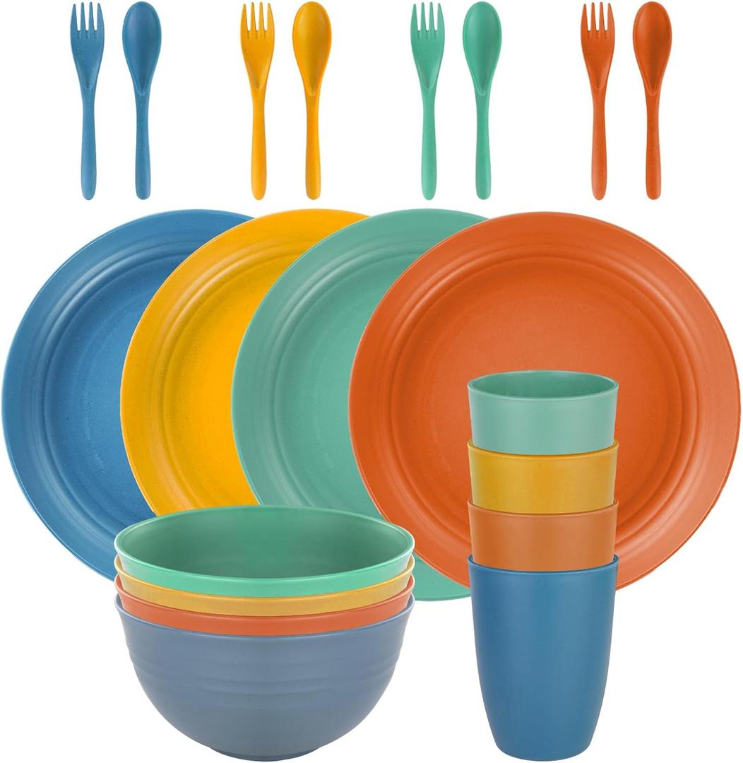 Wheat Straw Dinnerware Sets - Reusable Plates and Bowls Sets, Unbreakable Cups,Forks, Spoons, Microwave, Dishwasher Safe Tableware Kitchen Outdoor Camping Presents