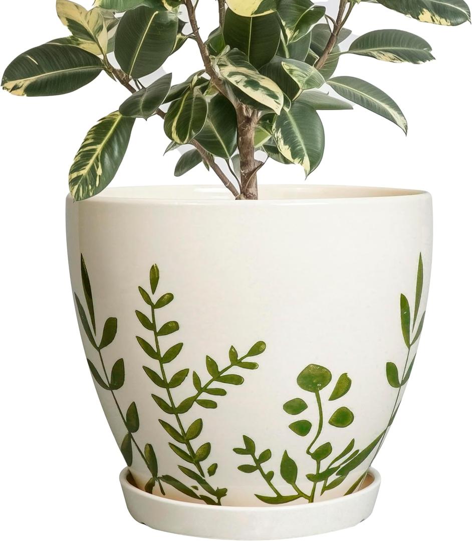 MPotTo 10 Inch Plant Pot - Ceramic Planter for Indoor Outdoor Flowers, Decorative Round Indoor Flower Pot with Drainage Hole and Saucer, Plant Lover Gifts, Garden Patio Home Office Decor, White