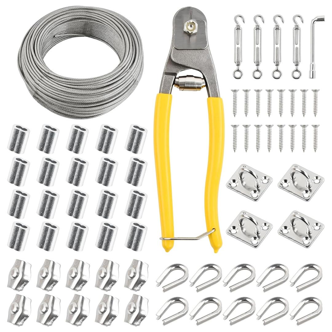 1/8" Stainless Steel Cable 304, Steel Wire Kit, 7x7 Strand Aircraft Wire Rope, 164Ft Coated Steel Cable with Turnbuckle, Crimping Loop, Cutter for String Light Hanging, Garden, DIY Project