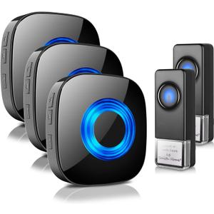 Wireless Doorbell - PHYSEN Door bell Chimes with Mute Mode - 58 Ringtones&5 Volume Levels Operating at 1300-ft Range LED Strobe, 2 Transmitters+3 Receivers Waterproof Doorbell Kit for Home/Classroom (Black)