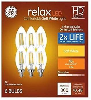 GE Relax 6-Pack 40 W Equivalent Dimmable Soft White B11 BC LED Light Fixture Light Bulb Vintage Soft LED Decorative Candelabra Light Bulb 2-Packs