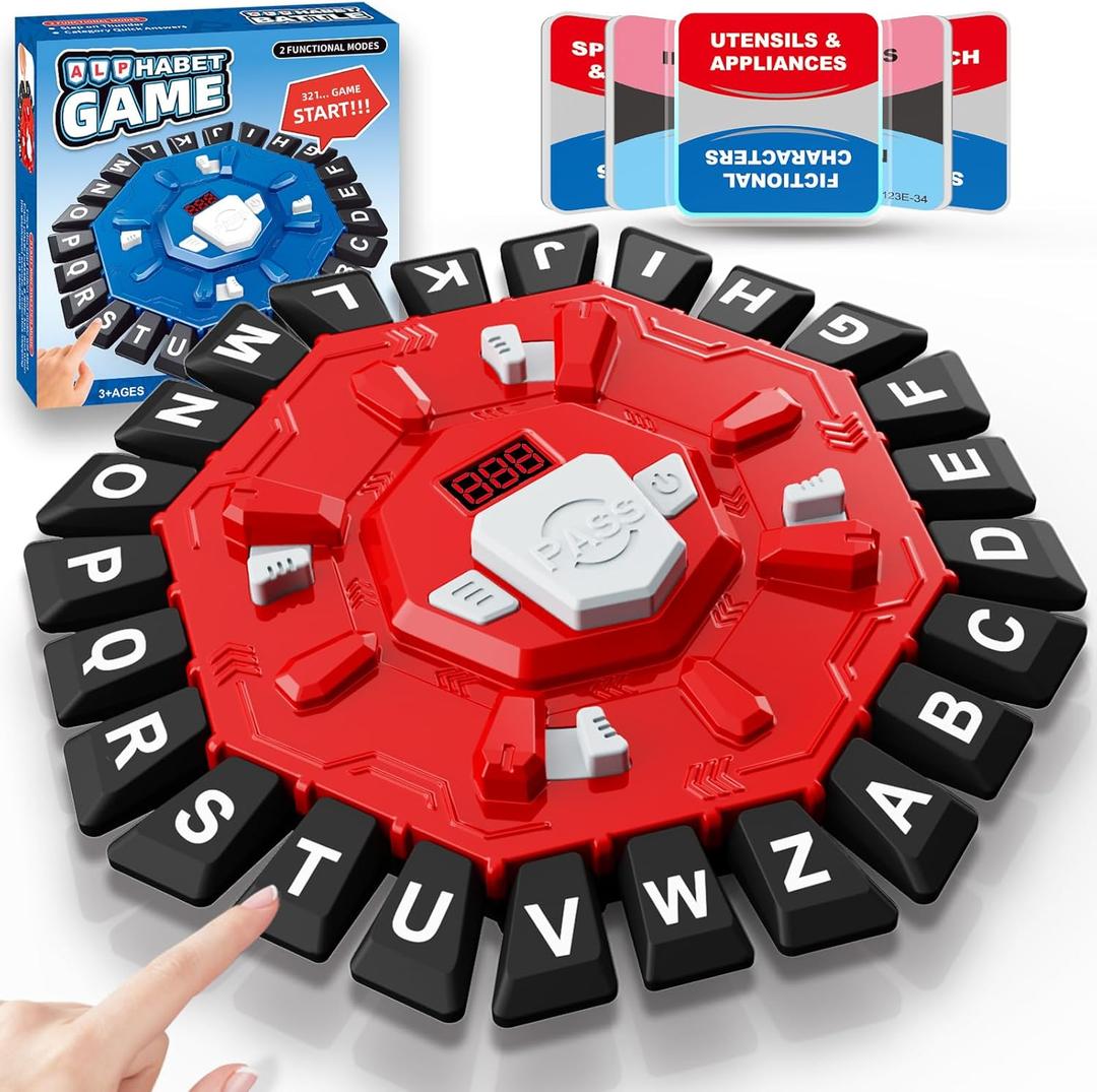 Word Game Family Board Games for Kids & Adults with 2 Modes,220 Topic Categories 24 Letters Pressing Games,Fun Fast-Paced Learning Game,35 Cards,LCD Display Timer,Christmas & Birthday Gifts,Red