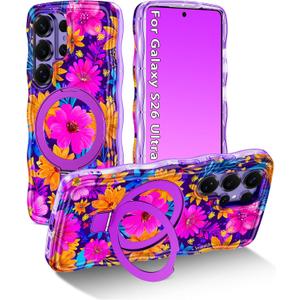 Meshine for Galaxy S26 Ultra Case with Magnetic Stand,Wave Frame,Flower