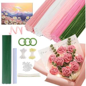 500PCS Pipe Cleaners Craft for Flower - 5 Assorted Colors Chenille Stems Pipe Cleaners Bulk 25sturdy floral stems, 200Stamens, Ribbon, Glue Sticks & Pearls for DIY Bouquets & Home Decor(Pink)