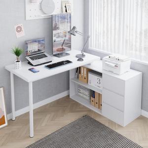 Home Office Computer Desk Corner Desk with 3 Drawers and 2 Shelves, 53-inch L-Shaped Study Desk with Storage, White Home Office Computer Desk Corner Desk with 3 Drawers and 2 Shelves, 53-inch L-Shaped Study Desk with Storage, White
