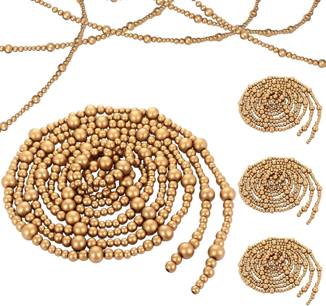 6 Pcs 108 ft Gold Christmas Tree Wood Bead Garland Christmas Wooden Beads Garland Hanging Vintage Xmas Decor Rustic Farmhouse Home Decor for Table Wall Holiday Mantel Ornaments