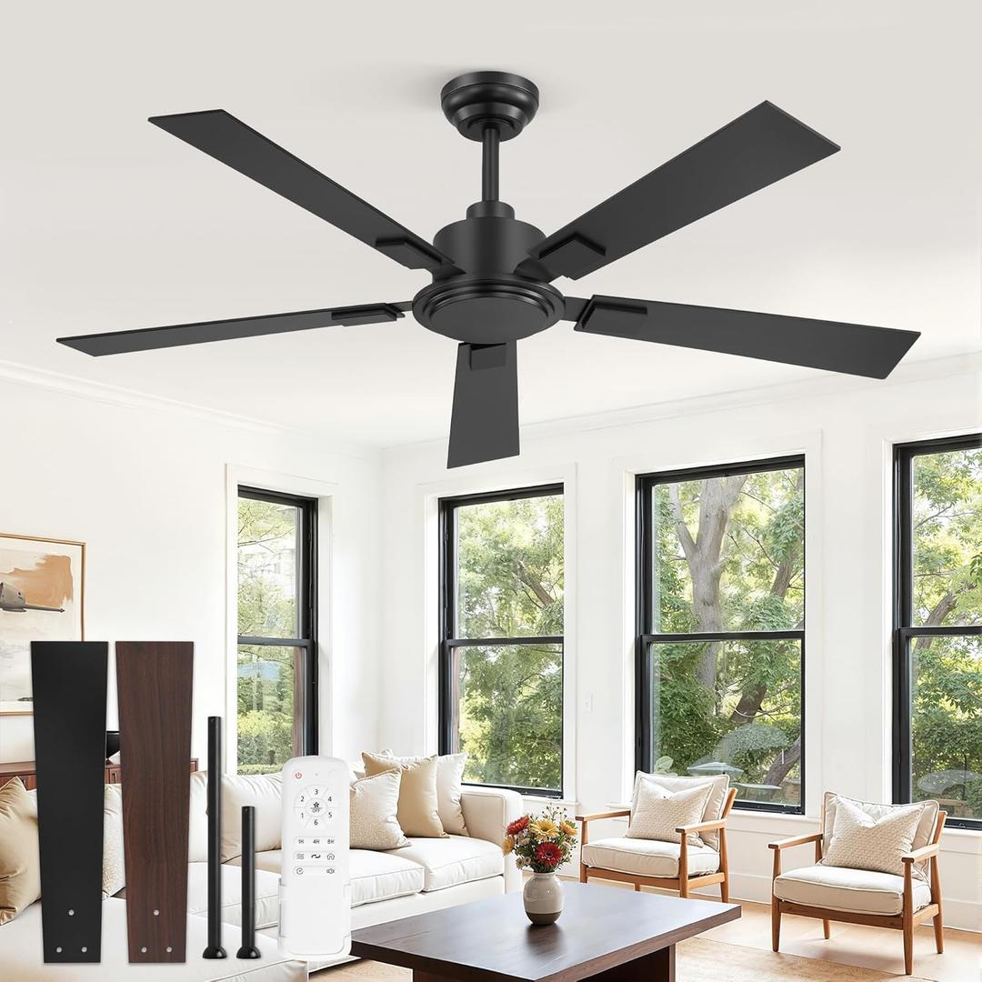 ZMISHIBO 52 Inch Ceiling Fan No Light with Remote, Black Ceiling Fan without Lights, Quiet Reversible DC Motor, 6-Speeds, Modern Ceiling Fans for Living Room, Bedroom, Patio, Indoor/Outdoor Use