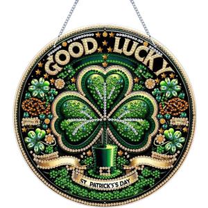 VODAPYC Saint Patrick's Day Diamond Art Hanging Kits for Adults, DIY Special Shaped Partial Diamonds Art Window Cling Pendant Ornament for Home Decor (Good Lucky)