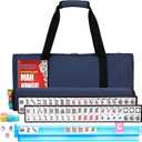 American Mahjong Tile Set,166 White Tiles Mahjong Set,4 Colors Mahjong Racks,Travel Mahjong Set with Blue Carrying Bag