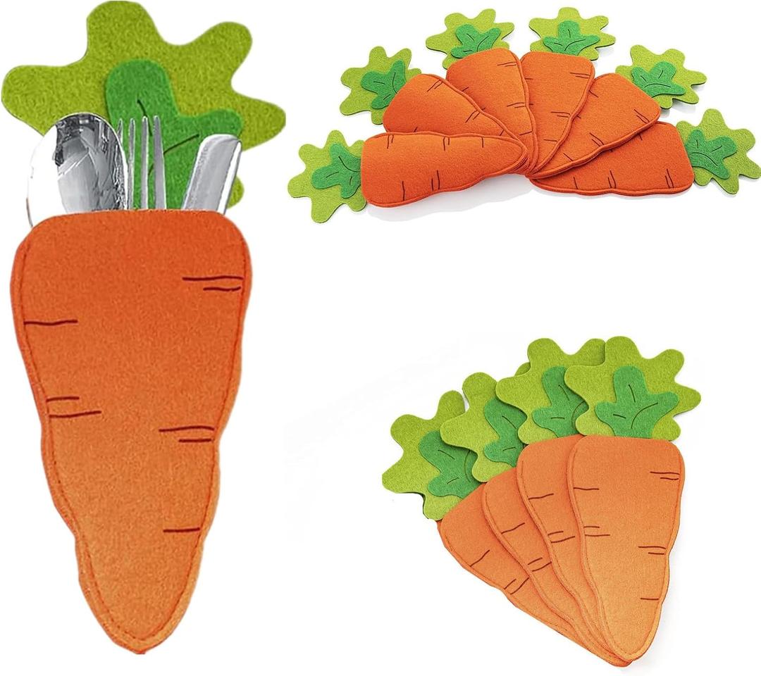 Easter Carrot Utensil Cutlery Holders Bag Felt Carrot Fork Cutter Pouches 4.7" x 10.23" Flatware Organizers Dining Tableware Cover for Knife Forks Easter Birthday Banquet Party Table Decoration 10 PCS