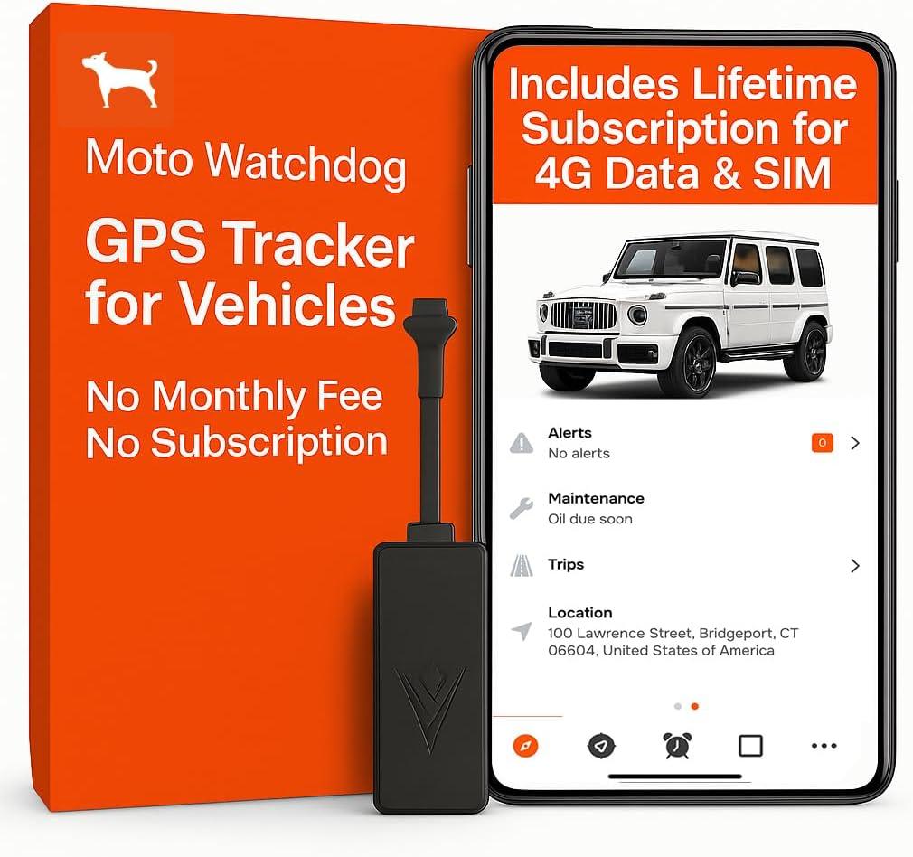 Wired GPS Tracker for Vehicles, No Monthly Fee, No Subscription, 4G SIM and Data Included, Business Fleets, Quick Install, Speeding Alerts, Mileage Tracking, Trip History, USA Developed, Moto Watchdog