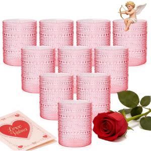 YOUBET 24PCS Plastic Drinking Glasses - 14OZ Pink Hobnail Drinkware Glasses - Vintage Glassware Textured Beaded Cups for Water, Beer, Whiskey, Juice and Various Mixed Drinks Valentines Day