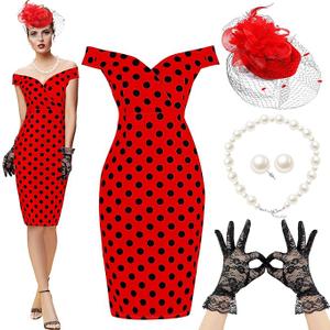 JenPen 5 Pcs Halloween Vintage Polka Dot Dress for Women 1950s Derby Tea Party Attire Retro Pencil Bodycon, Red 