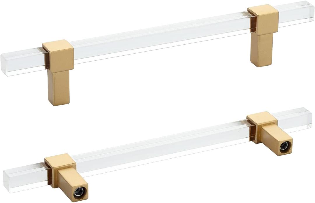 Peaha 10 Pack Kitchen Cabinet Handles Acrylic Drawer pulls 5 Inch Gold Cabinet pulls Square Clear Acrylic Dawer Handles for Kitchen Bathroom,Zinc Alloy Base (Hole Center:5in(128mm), Brushed Brass-3)