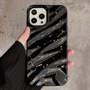 QLTYPRI Compatible with iPhone 16 Pro Case, Cute Wave Water Ripple Pattern Case for Girls Women, Slim Satin Glossy Soft Silicone TPU Bumper Shockproof Protective Phone Cover - Black