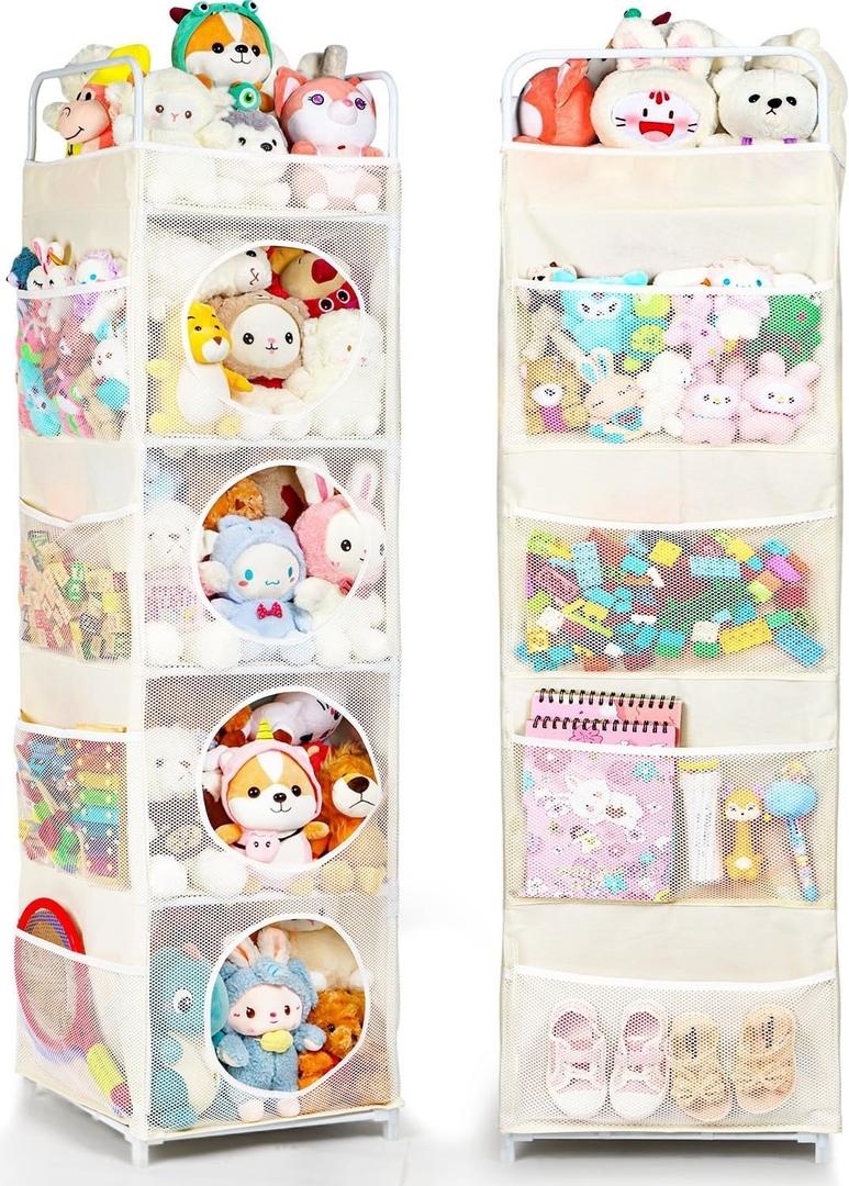 AXHOP Stuffed Animal Storage, 63.8" Toy Storage Organizer, 5 Shelves & 8 Side Pockets, Space-Saving Corner Solutions for a Kids' Bedroom, Playroom Beige