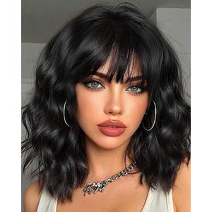 Short Bob Wigs 14 Inch Synthetic Black Wig with Bangs Natural Looking Heat Resistant Wavy Costume wig