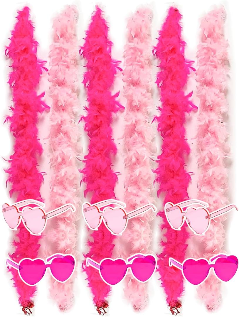 Colorful Feather Boas 6 Packs, 6.6ft Turkey Boas for Women for Bachelor Party Halloween,with Heart Sunglasses (3 Pink & 3 Hot Pink)