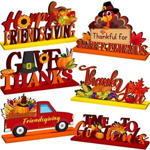 Threehoney 6 PCS Friendsgiving Table Decoration Happy Friendsgiving Wooden Centerpiece Signs Friendsgiving Thanksgiving Party Decor Turkey Pumpkin Truck Decor for Thanksgiving Harvest Fall Party
