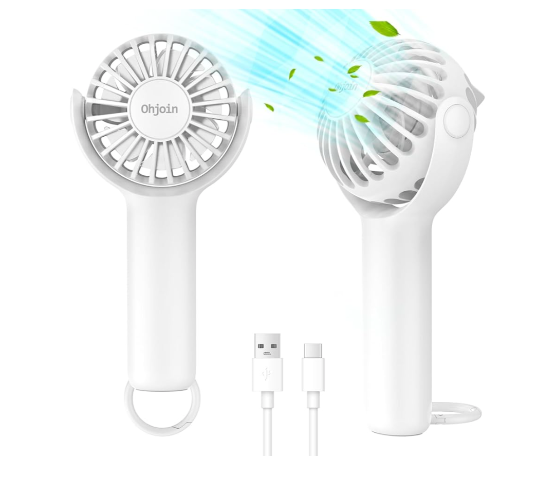 Ohjoin 2 IN 1 Portable Mini Handheld Fan with Keychain Stand, Personal Powerful Cooling Fan, Small Battery Operated Table Fan, Quiet Hand Fan, USB Rechargeable, Birthday Gifts for Women Mom (Purple,  White), Set of 2